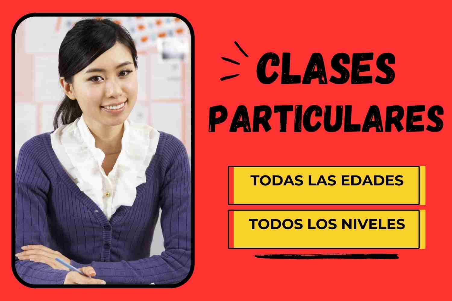 Profesora china joven con camisa y jersey azul, y un cartel con las palabras clases particulares.