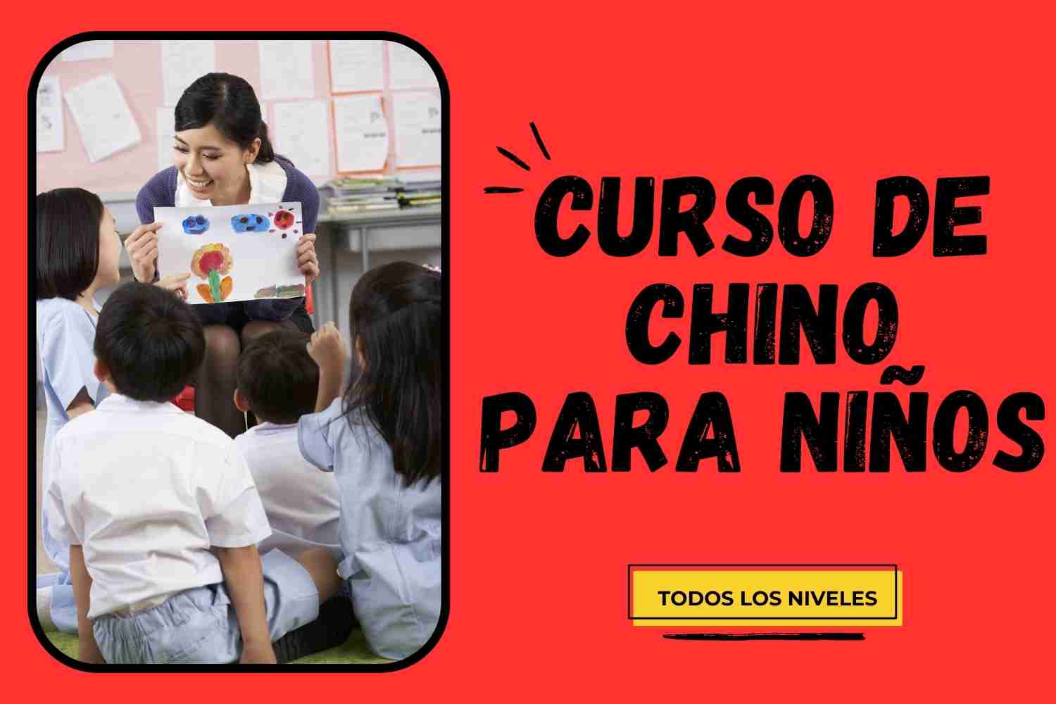 Niños sentados en una mesa con una profesora joven china vestida de camisa blanca y jersey azul.